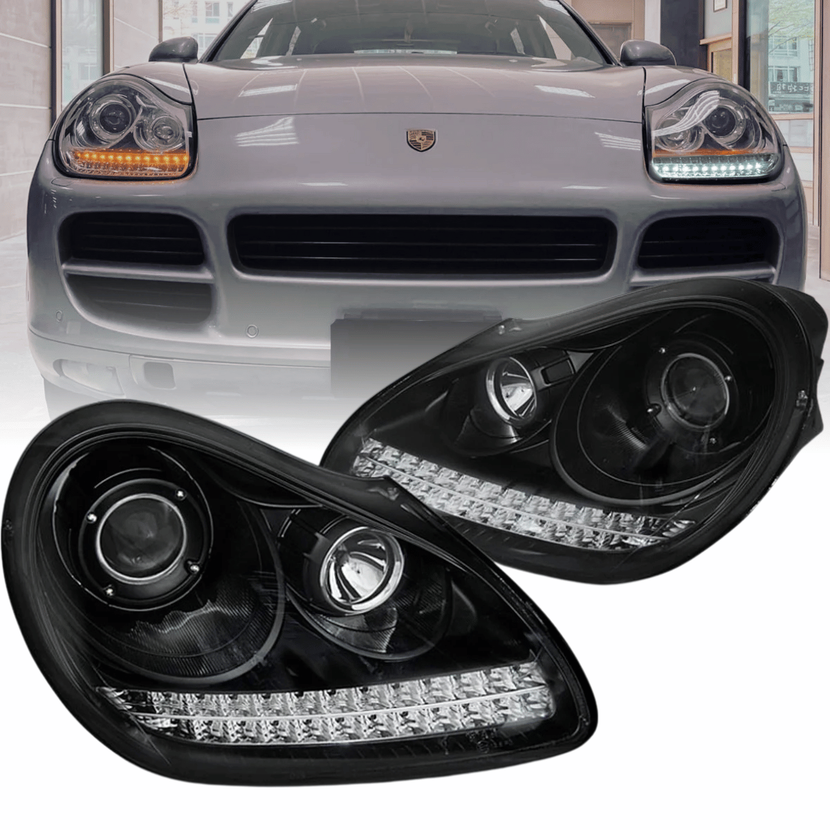 Xenon Scheinwerfer Set Schwarz für Porsche Cayenne 9PA 2002–2006 mit LED Standlicht & LED Blinkern