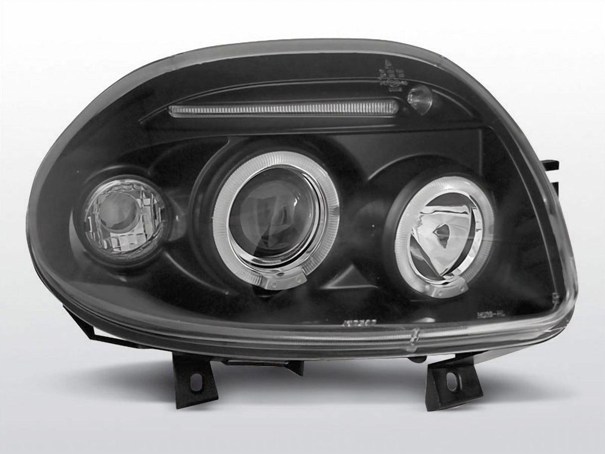 Schwarzer Scheinwerfer mit Ringen und LED-Leiste für KFZ-Tuning, Ersatzteil
