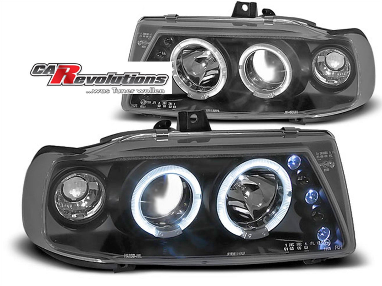 LED Angel Eyes Scheinwerfer Set in schwarz für Seat Ibiza / Cordoba/ Polo VARIANT, SEDAN 10.93-08.1999