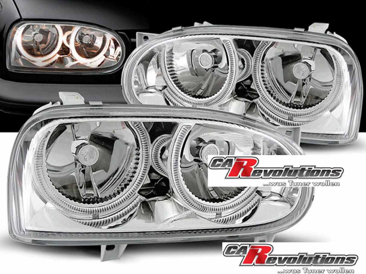 Angel Eyes Scheinwerfer Set chrom VW Golf 3 1991-1997, Tuning Scheinwerfer mit Ringbeleuchtung