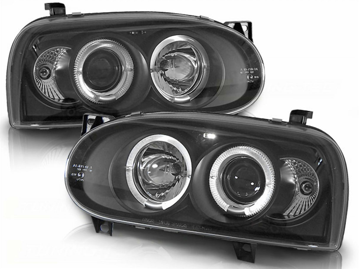Schwarze Scheinwerfer mit Ringlicht für VW Golf 4, LED-Scheinwerfer mit Klarglasoptik