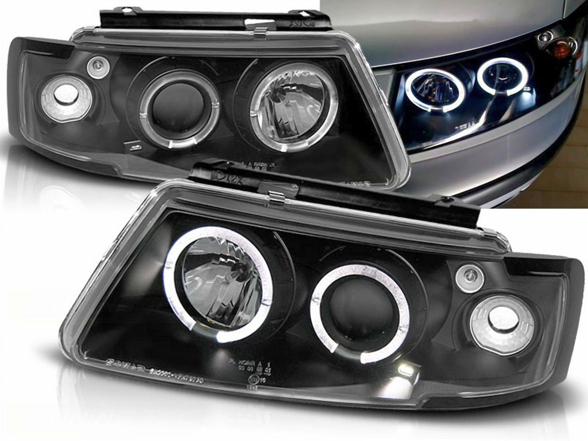 Scheinwerfer schwarz, LED Ringe, Tuning Scheinwerfer für VW Passat B5 3B Angel Eyes