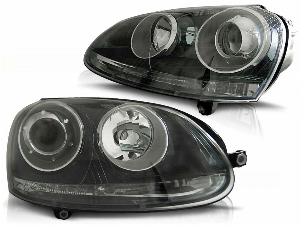 Schwarzes Scheinwerfer Set für VW Golf 5 2003-2009 mit Ringen und LED-Leiste