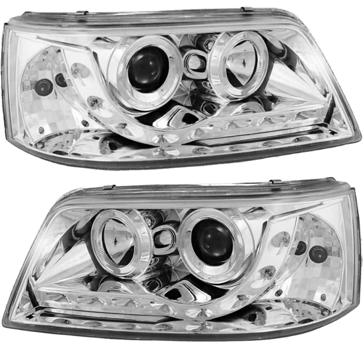 LED Scheinwerfer für VW T5 mit Doppel-Standlichtringen und integrierten Blinkern, Chrom