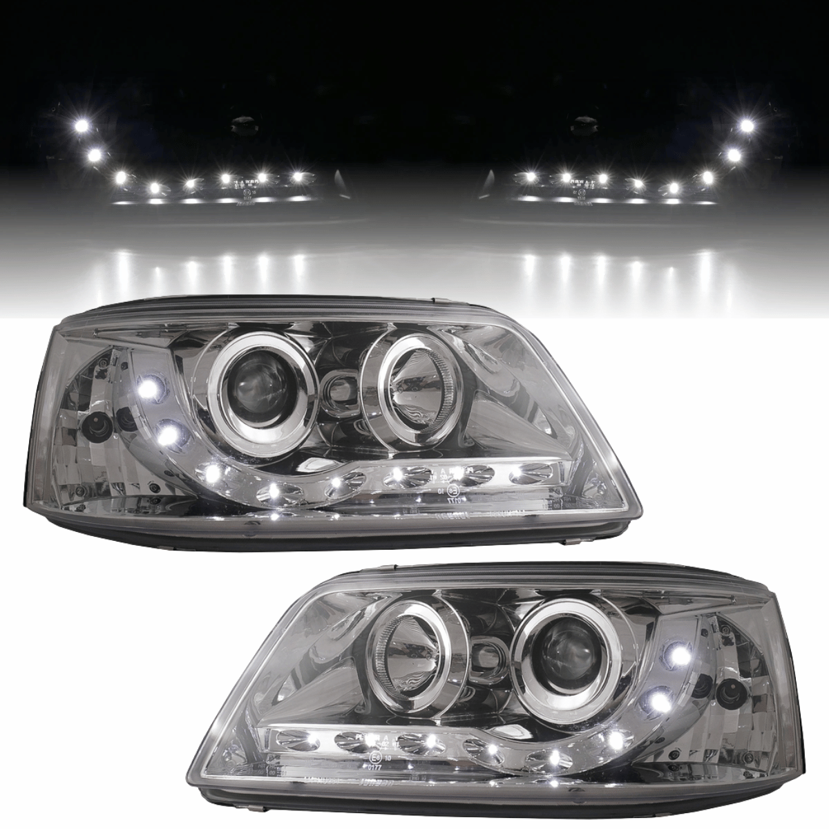 LED Scheinwerfer für VW Passat B5 mit Tagfahrlicht-Optik, Doppelring-Design, Klarglas