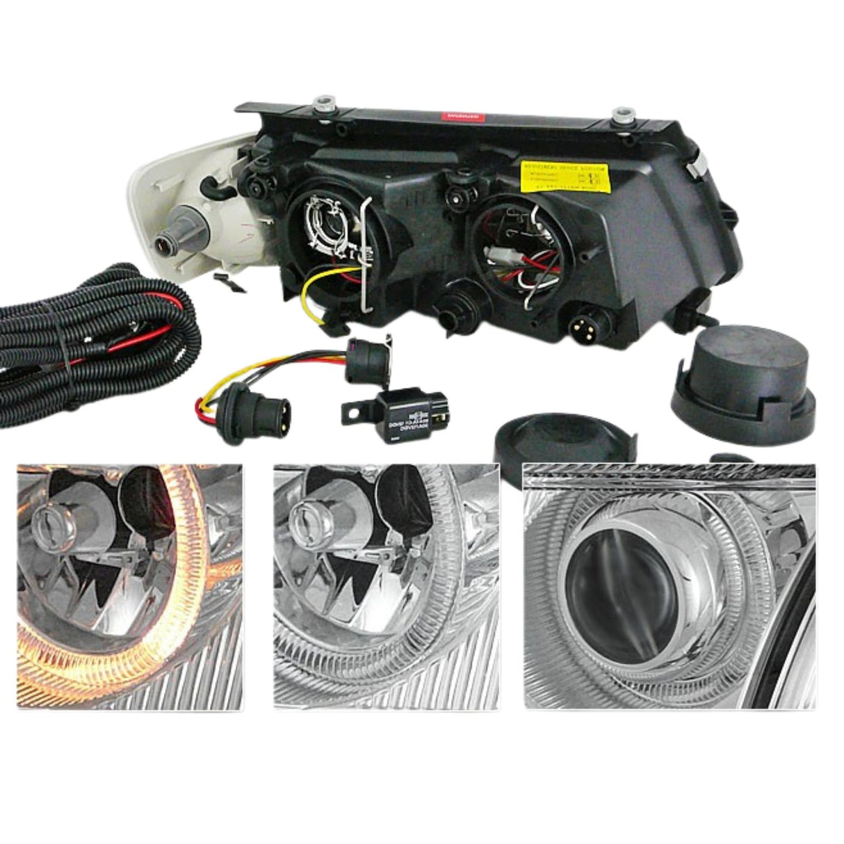 CR-Tuning Scheinwerfer mit Angel Eyes und Kabelbaum für KFZ-Tuning, LED-Scheinwerfer Zubehör