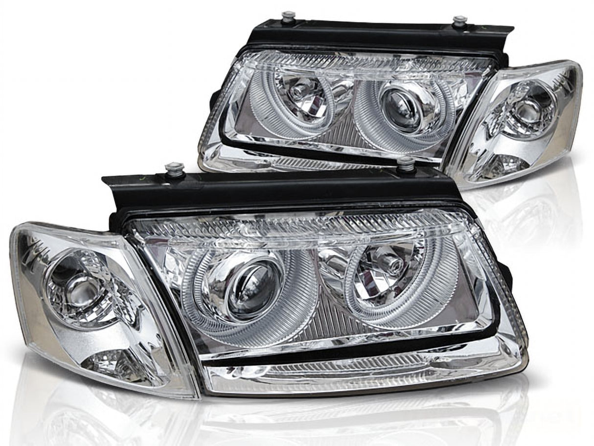 LED Scheinwerfer für VW Golf 4, Klarglas mit Chrom-Akzenten, Tuning Scheinwerfer