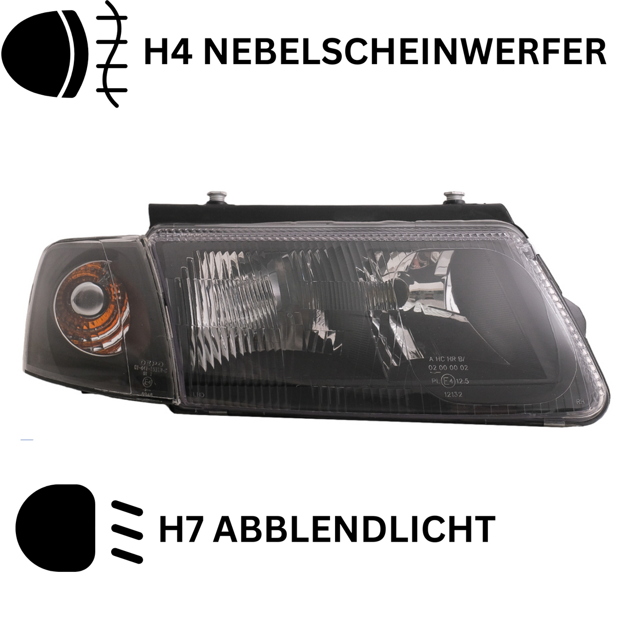 H4 Nebelscheinwerfer und H7 Abblendlicht für Auto, schwarze Scheinwerfer mit E-Prüfzeichen
