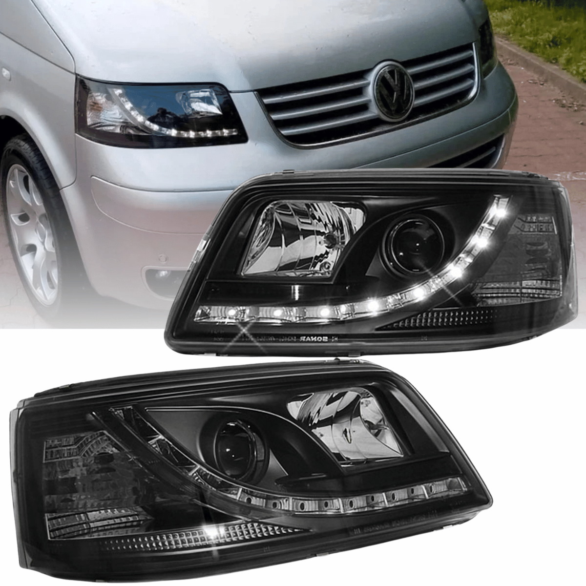 LED Tagfahrlicht Scheinwerfer Set für VW T5 04.2003-08.2009 schwarz
