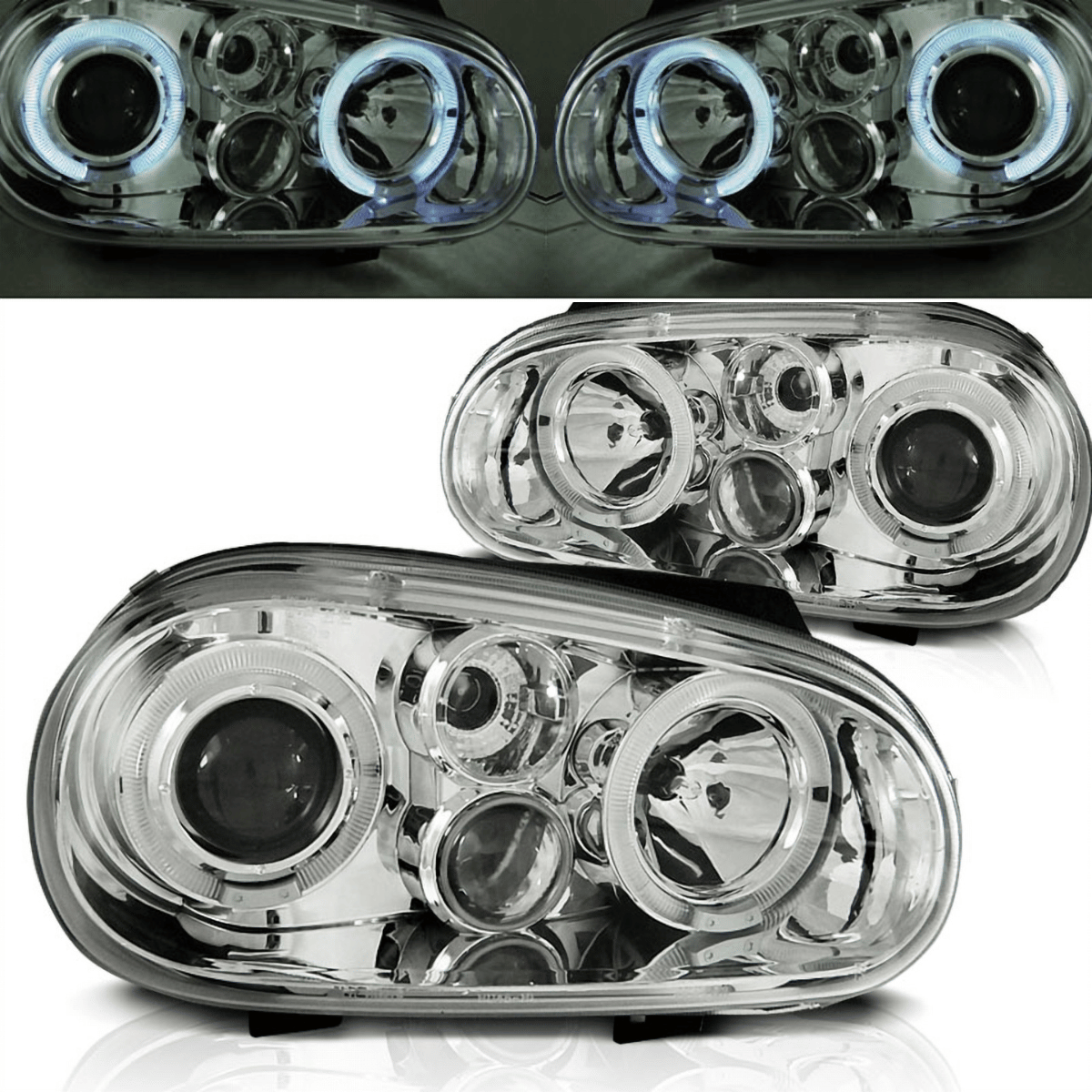 LED Angel Eyes Scheinwerfer Set Chrom für VW Golf 4 09.1997–09.2003 mit Nebellicht