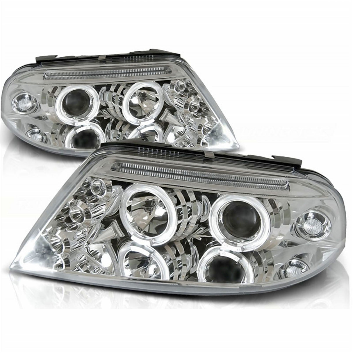 Chrom Scheinwerfer mit Ringen für BMW E46, LED Tagfahrlicht, Klarglas Optik