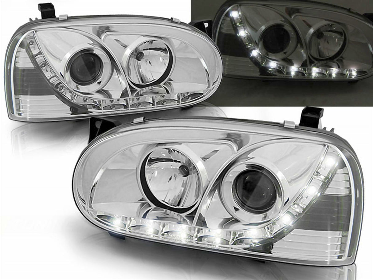 Chrom LED Scheinwerfer Set VW Golf 3 III 91-97 mit Tagfahrlicht-Optik