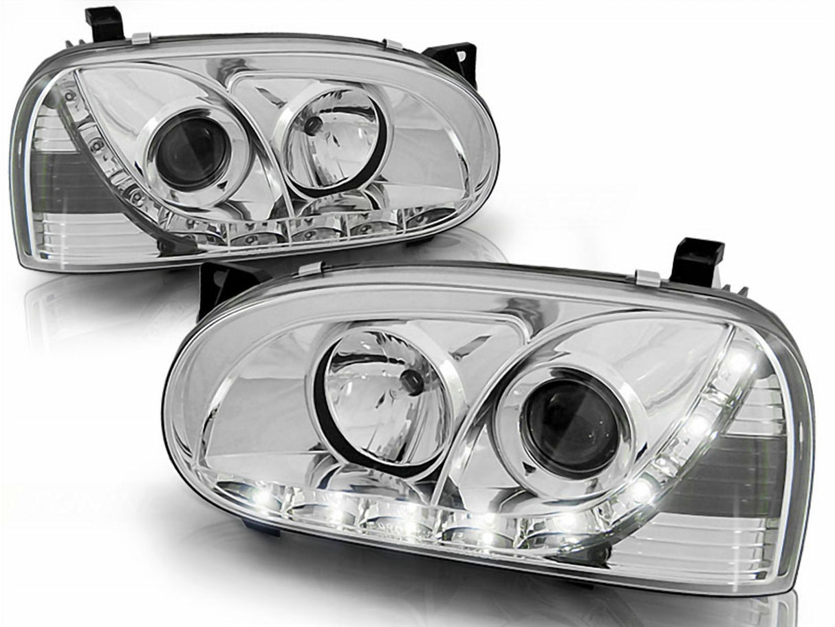 CR-Tuning LED Scheinwerfer für VW Golf 4 mit Tagfahrlicht-Optik, Chrom