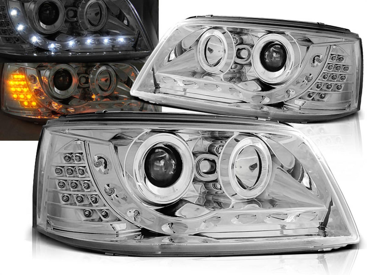 Chrom LED Scheinwerfer für VW T5 04-09 mit Tagfahrlicht-Optik und Ring-Scheinwerfern