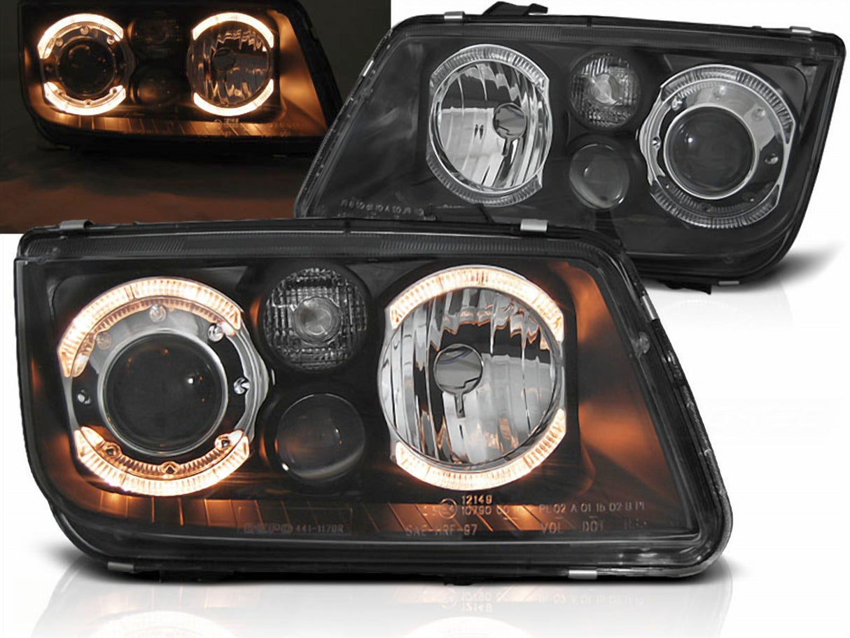 Scheinwerfer schwarz mit Angel Eyes Ringen, LED-Tagfahrlicht und schwarzem Einsatz für VW Bora 98-05