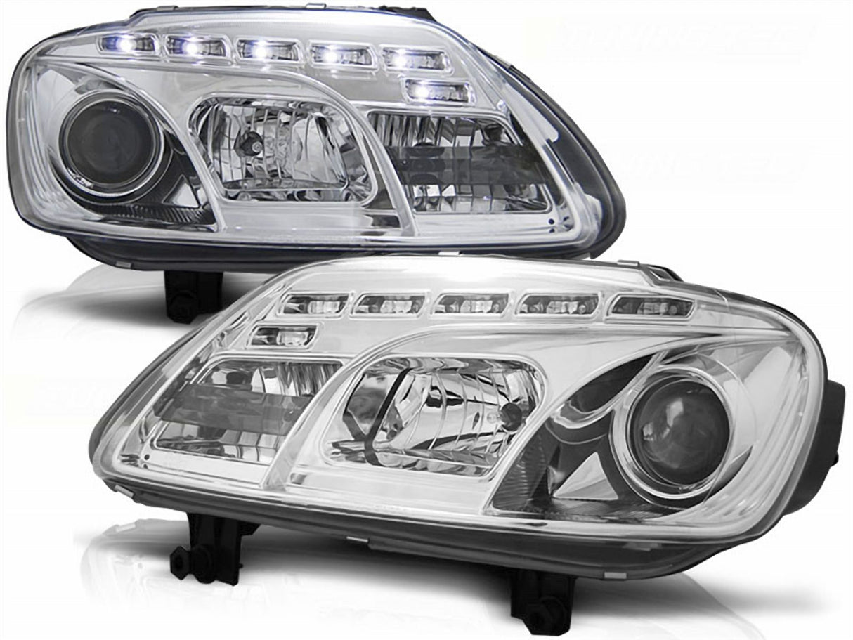 Chrom LED Scheinwerfer Set für VW Touran Caddy 1T 03-06 mit Tagfahrlicht Funktion