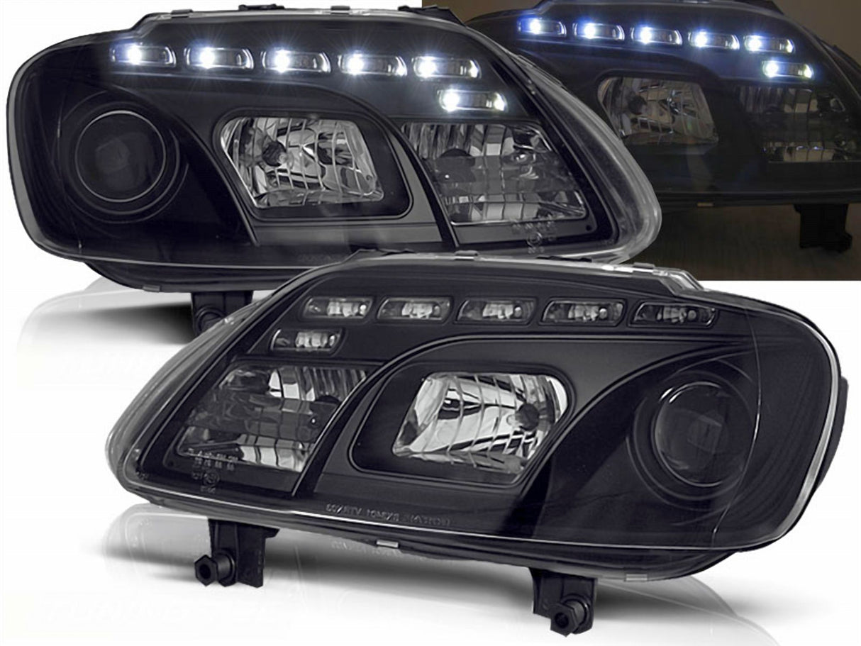 Schwarze LED Scheinwerfer für VW Touran Caddy 1T 03-06 mit Tagfahrlicht-Optik