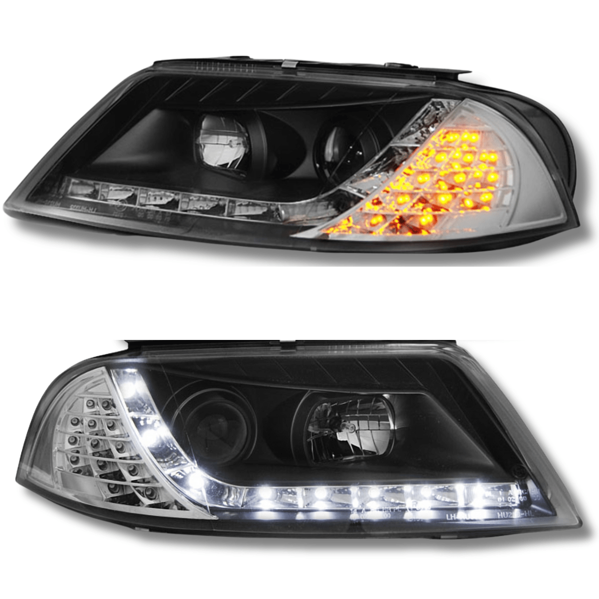 Schwarze LED-Scheinwerfer mit Tagfahrlicht für VW Passat B5, Blinker gelb, Standlicht weiß