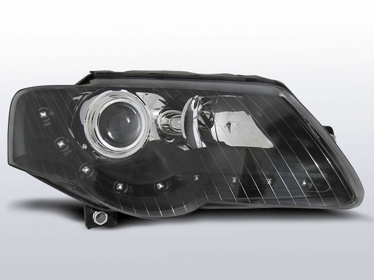 Schwarzer LED Scheinwerfer für VW Passat B6 mit integrierten Positionslichtern und Linse