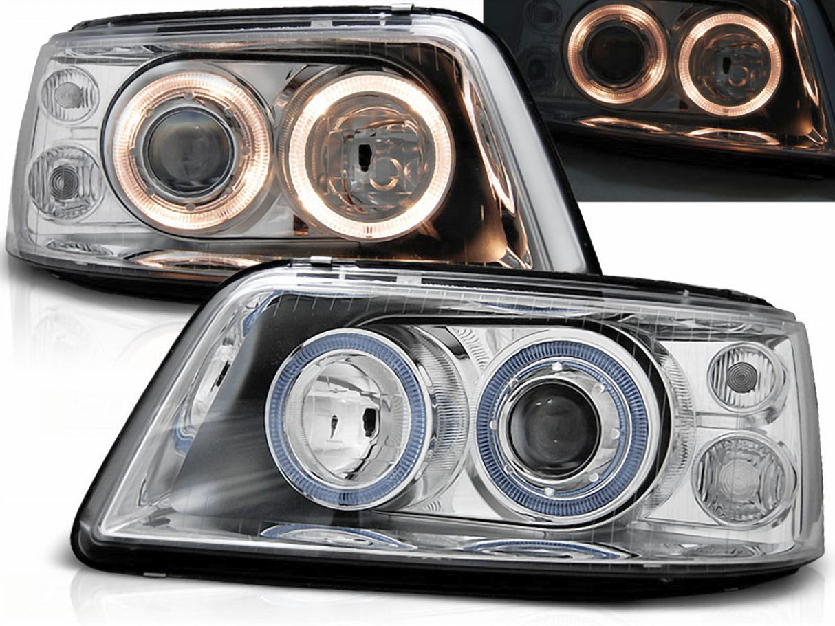 Chrom Angel Eyes Scheinwerfer Set VW T5 03-09 mit blauen und weißen Ringen