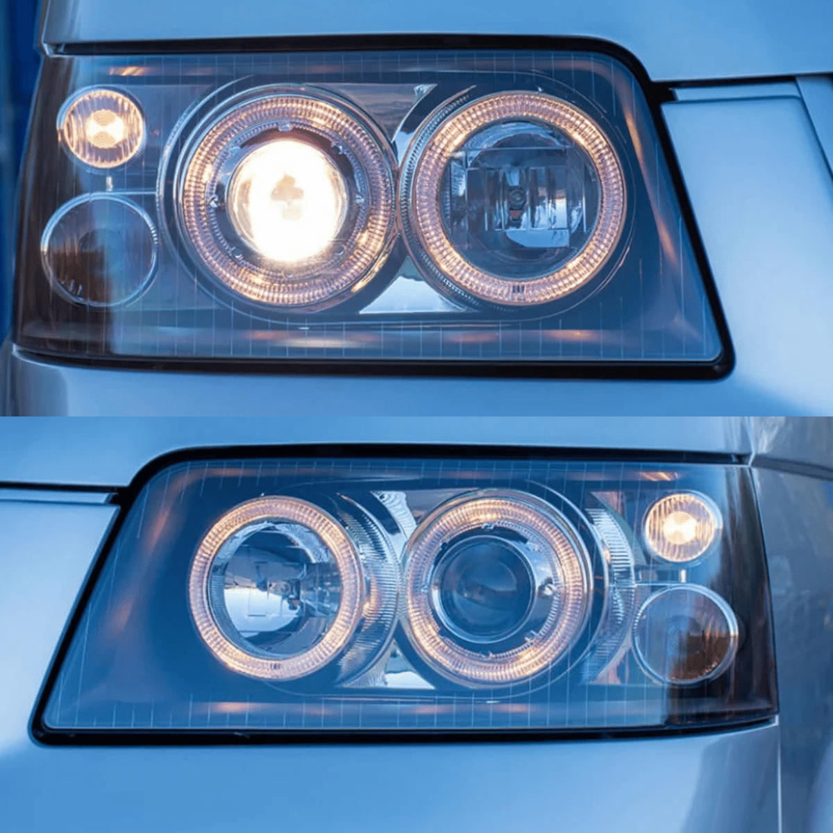 CR-Tuning LED-Scheinwerfer mit Tagfahrlicht-Ringen für BMW E39, leuchtend und ausgeschaltet