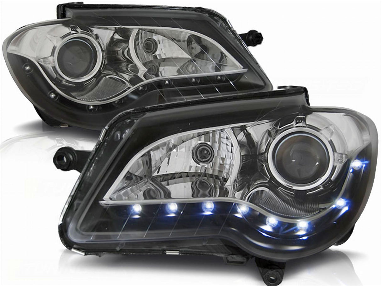 Schwarze LED-Scheinwerfer für VW Touran 1T mit Tagfahrlicht-Streifen, Tuning-Scheinwerfer mit Blinker
