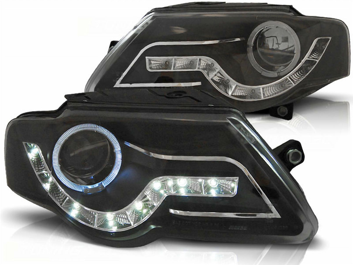 Schwarze LED-Scheinwerfer mit Tagfahrlicht-Ringen für KFZ-Tuning von CR-Tuning