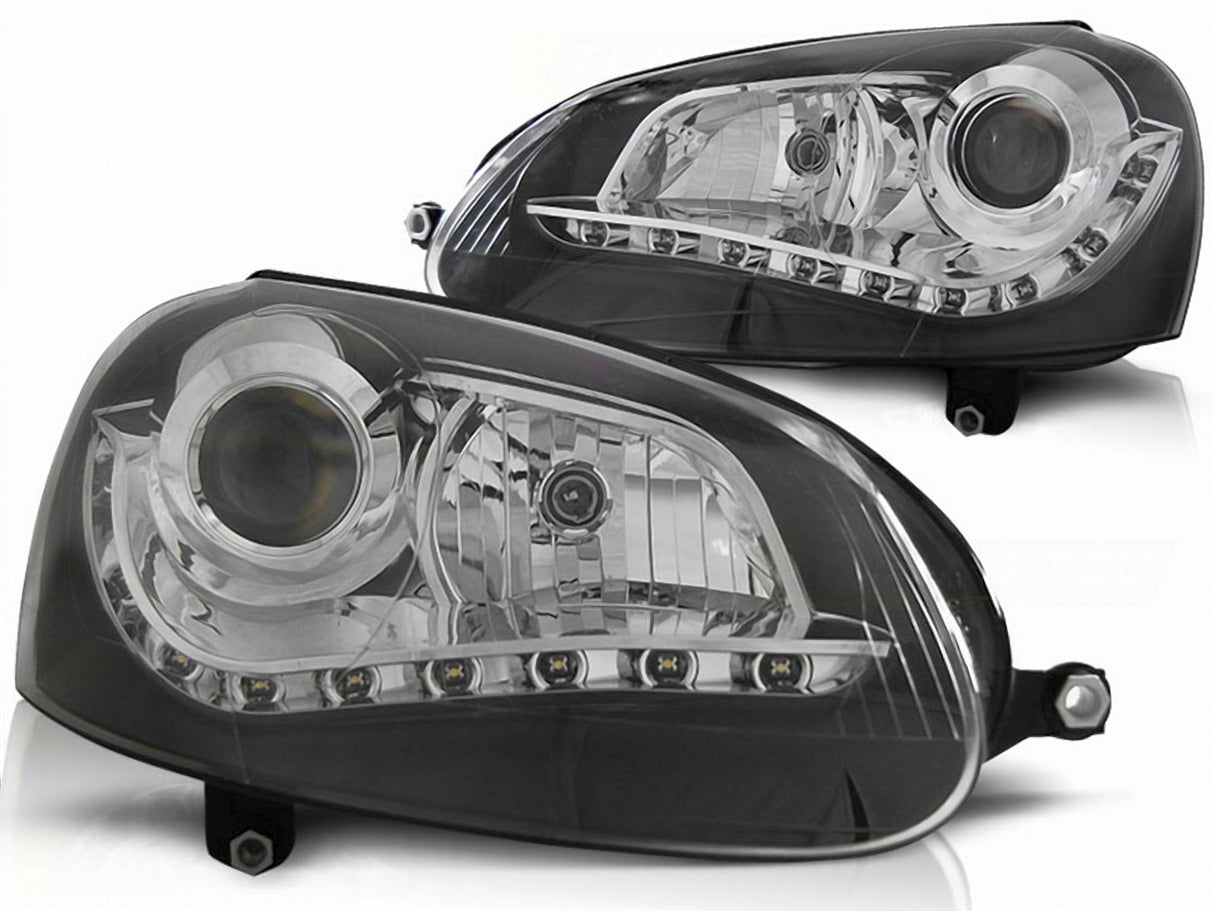 Schwarze LED Scheinwerfer für VW Golf 5 mit Tagfahrlicht-Optik und Klarglas