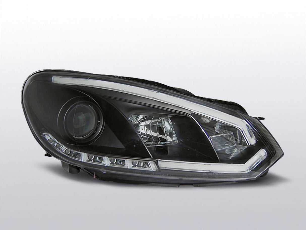 Schwarzer LED-Scheinwerfer mit Tagfahrlicht-Streifen für Fahrzeuge, Tuning-Scheinwerfer mit moderner Optik