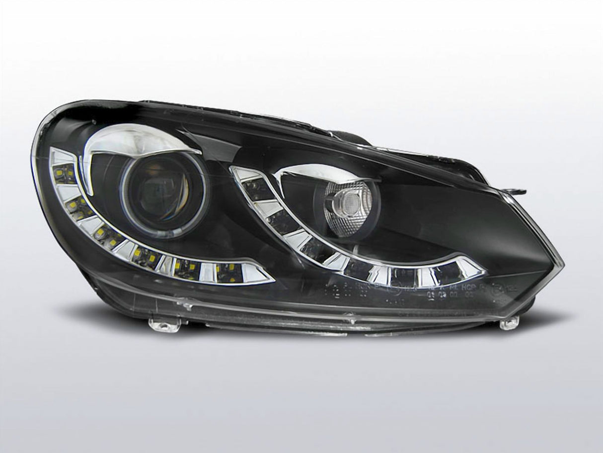 Schwarzer LED Scheinwerfer für VW Golf 6 mit Tagfahrlicht-Optik und Chrom-Akzenten