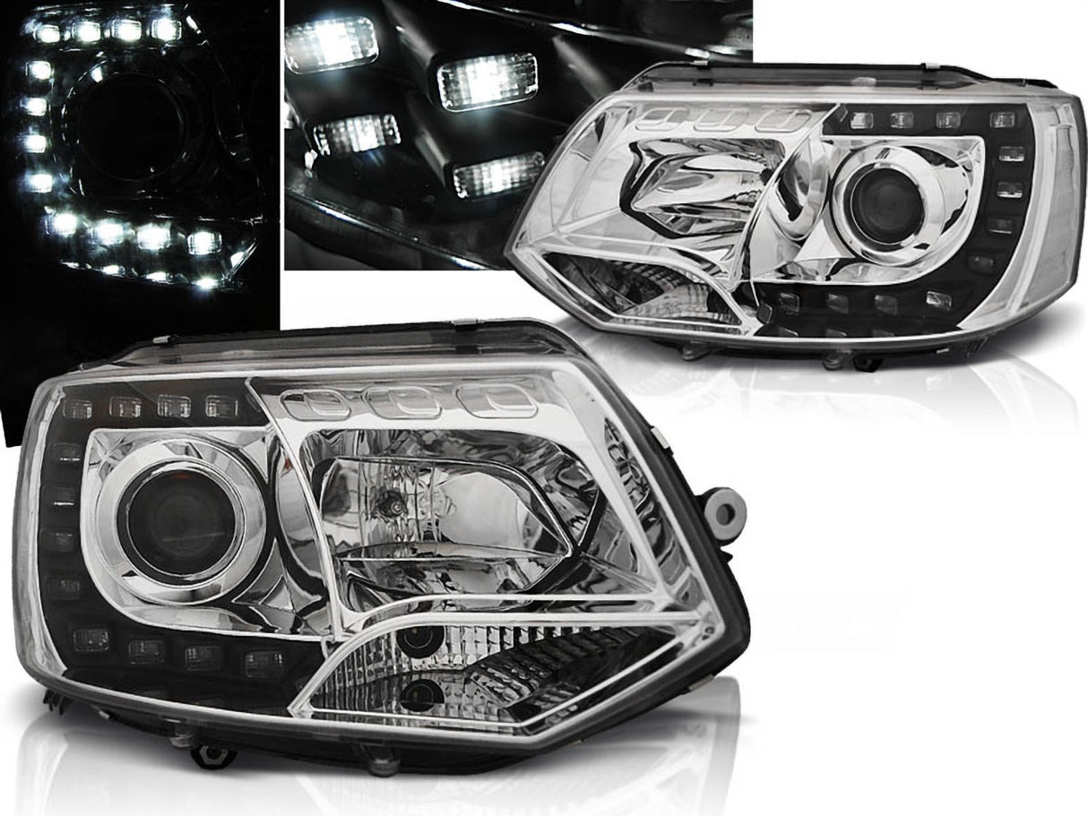 Chrom LED Scheinwerfer für VW T5 GP 2010-2015 mit Tagfahrlicht-Optik, Paar