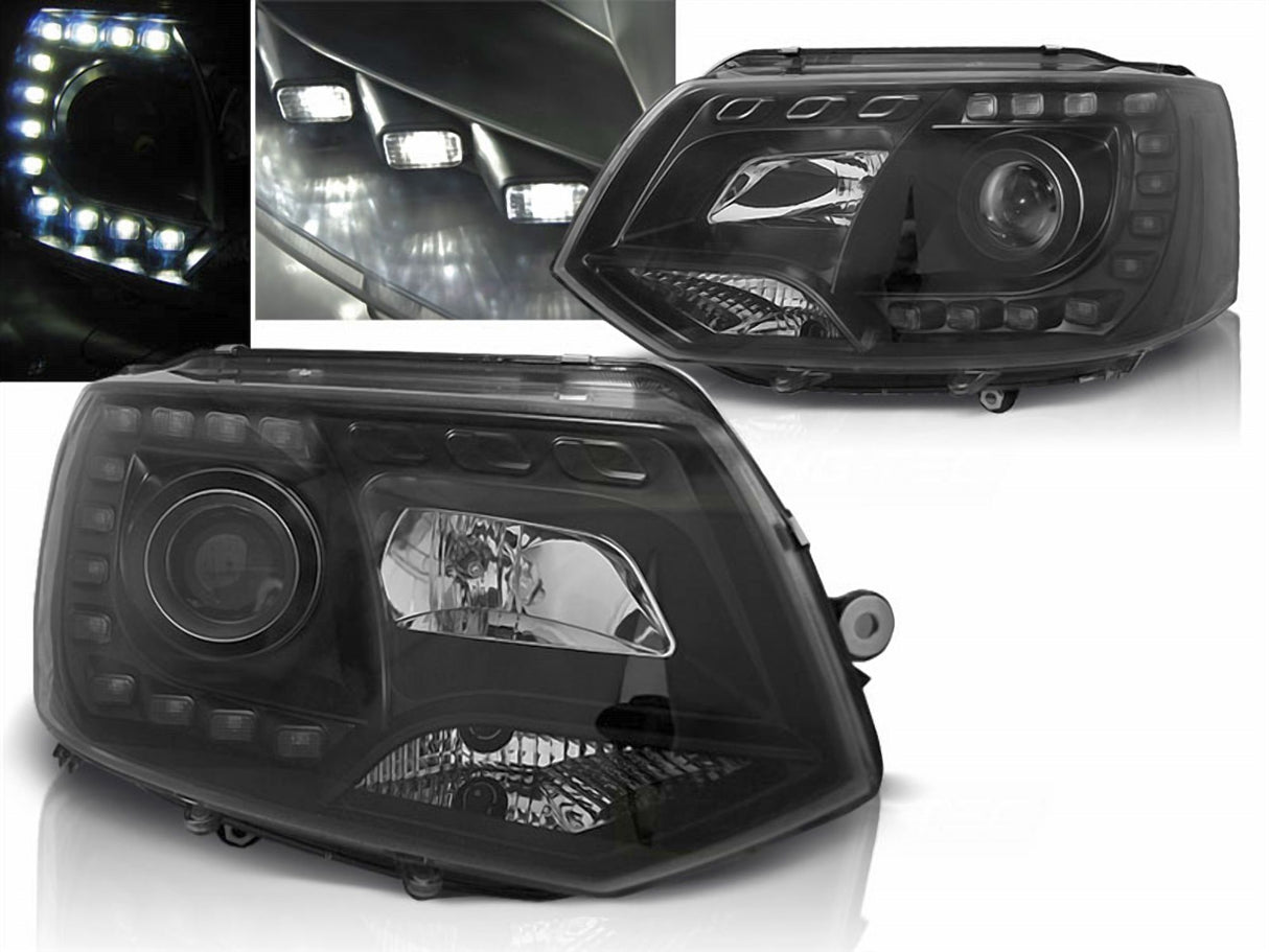 Schwarze LED Scheinwerfer für VW T5 GP 2010-2015 mit Tagfahrlicht-Optik