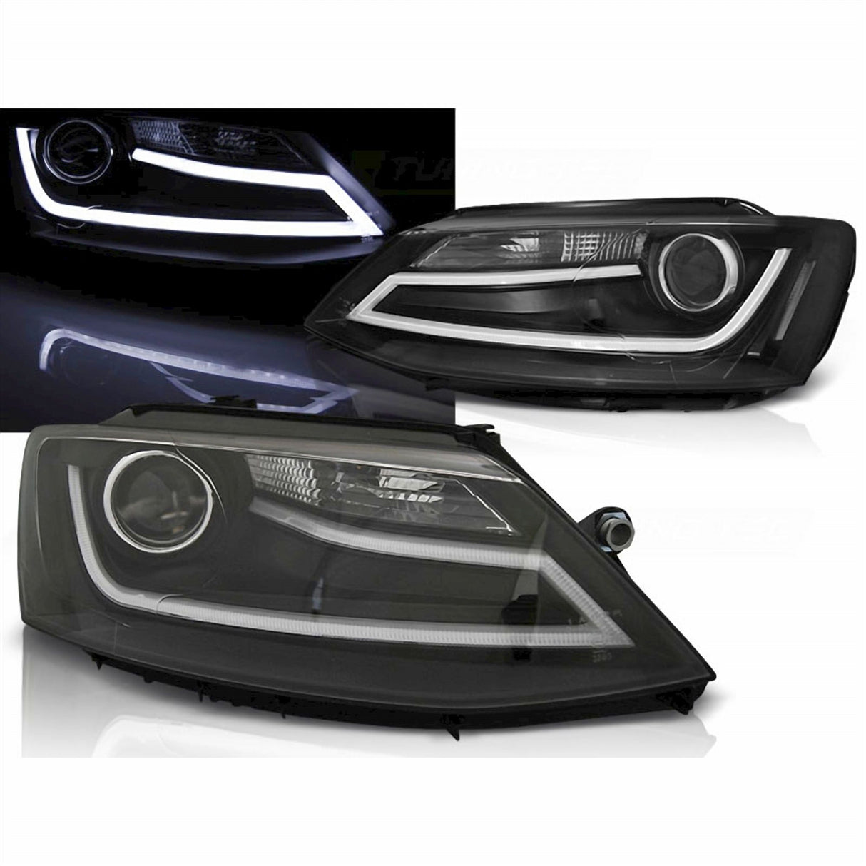 Schwarze LED Scheinwerfer mit Light Tube Tagfahrlicht für VW Jetta 1.11-18