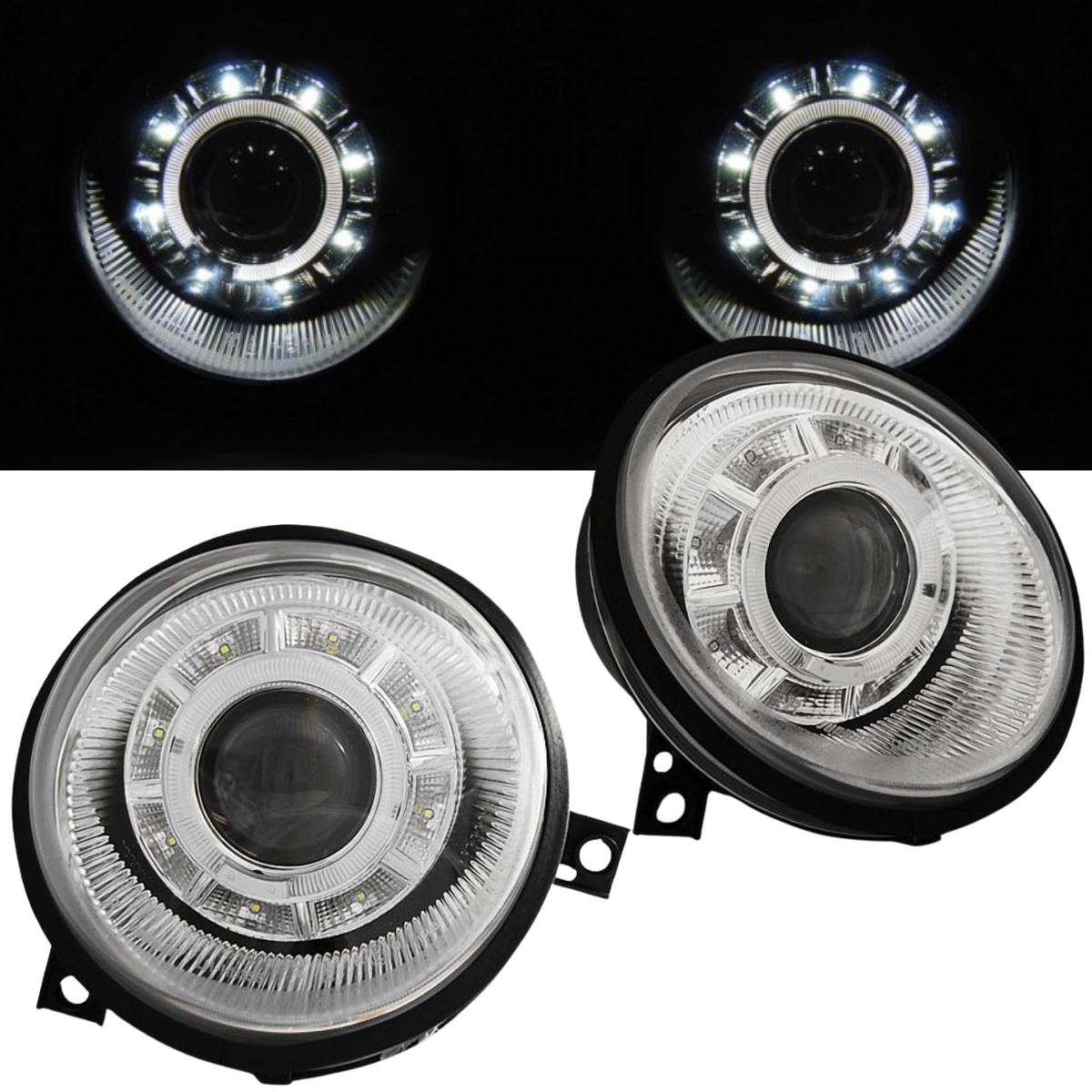 LED Angel Eyes Scheinwerfer Set Chrom für VW Lupo 1998–2005 mit LED Standlicht