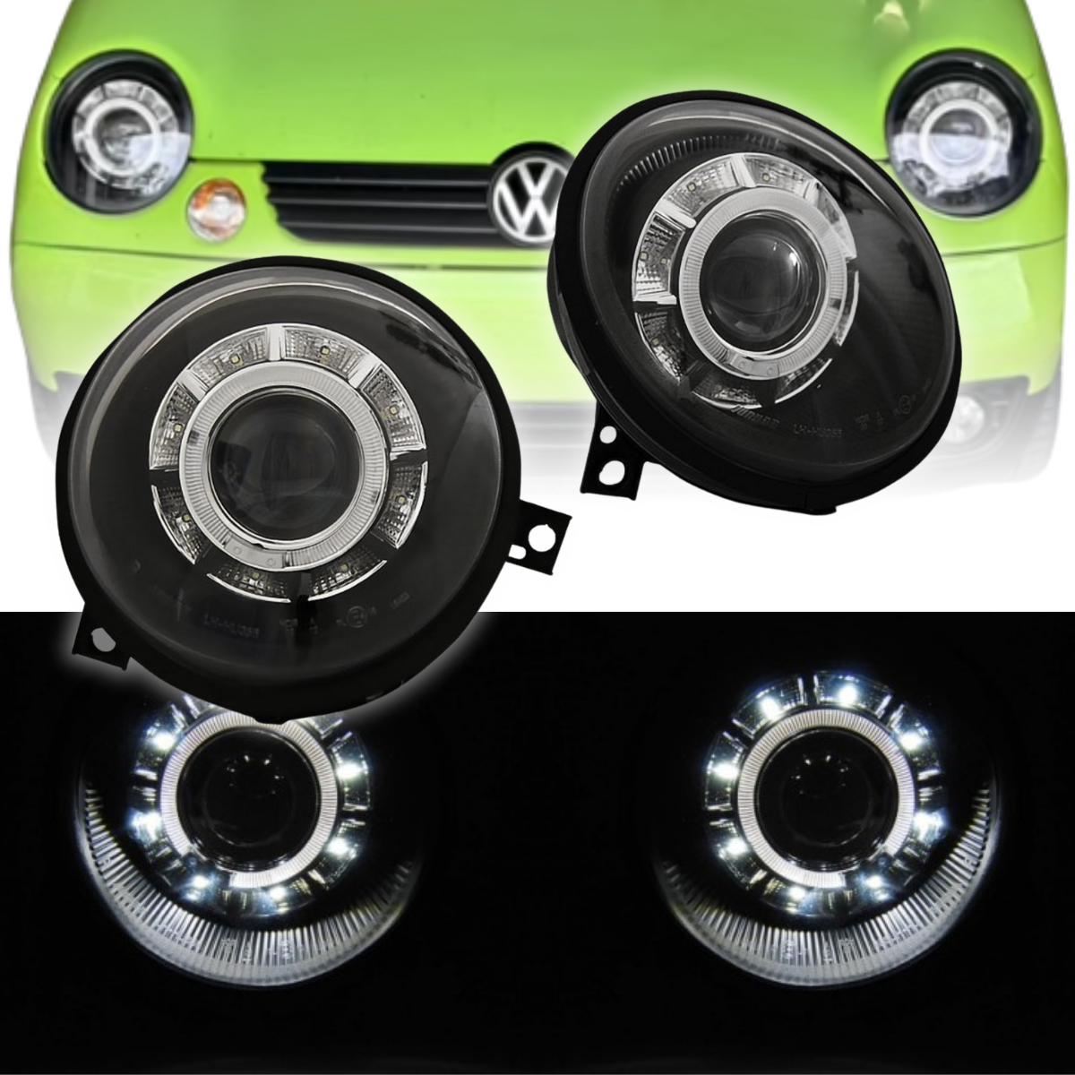 LED Angel Eyes Scheinwerfer Set Schwarz für VW Lupo 1998–2005 mit LED Standlicht