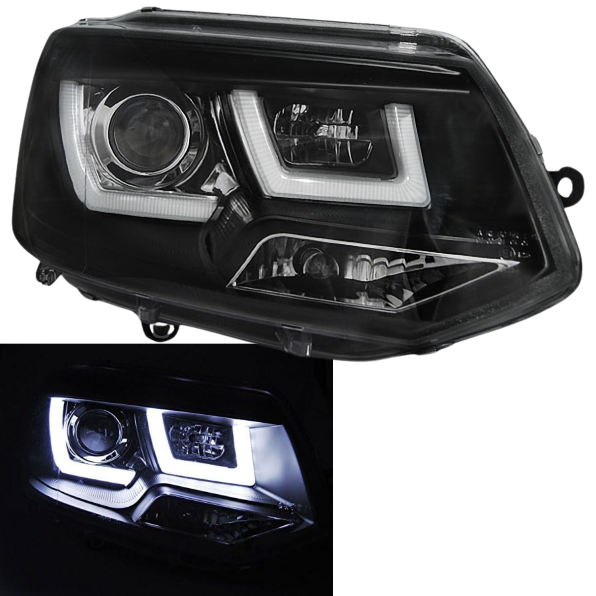 Schwarzer LED Scheinwerfer mit Tagfahrlicht für VW T5 Facelift, Tuning Scheinwerfer