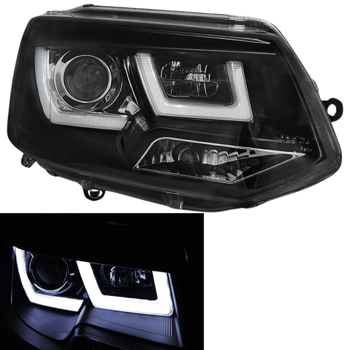Schwarzer LED Scheinwerfer mit Tagfahrlicht für VW T5 Facelift, Tuning Scheinwerfer