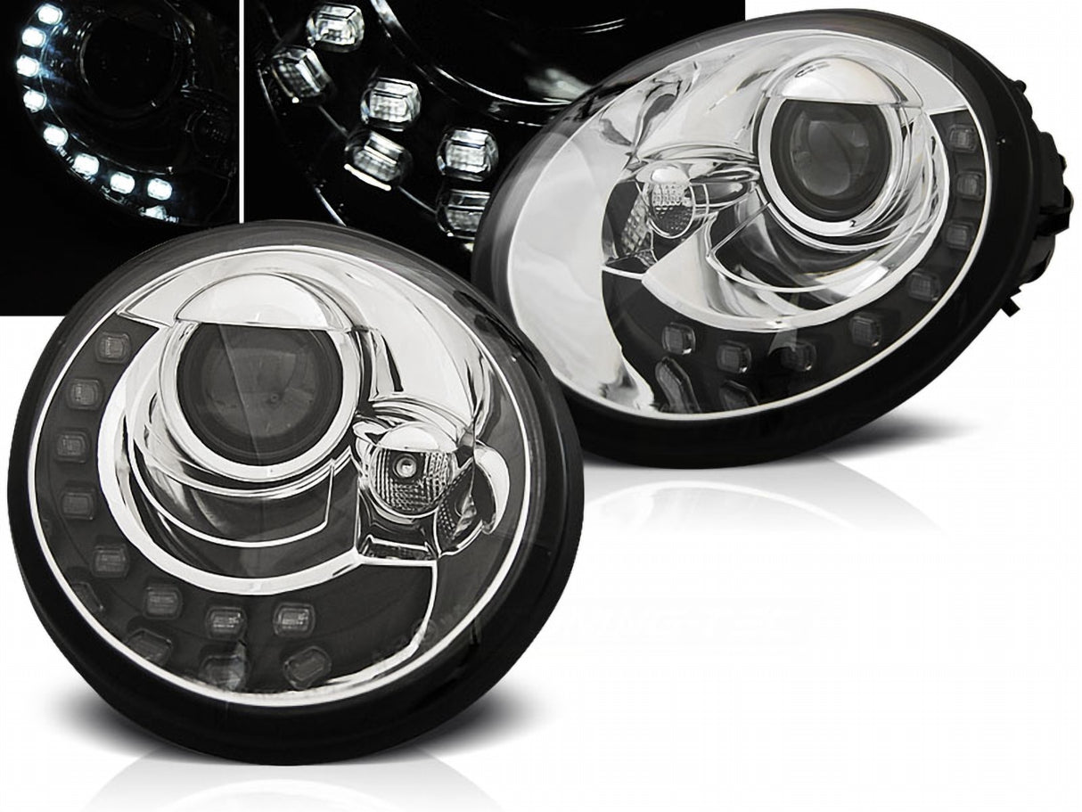 Chrom LED Scheinwerfer für VW New Beetle 9C 1998-2005, mit Tagfahrlicht-Optik