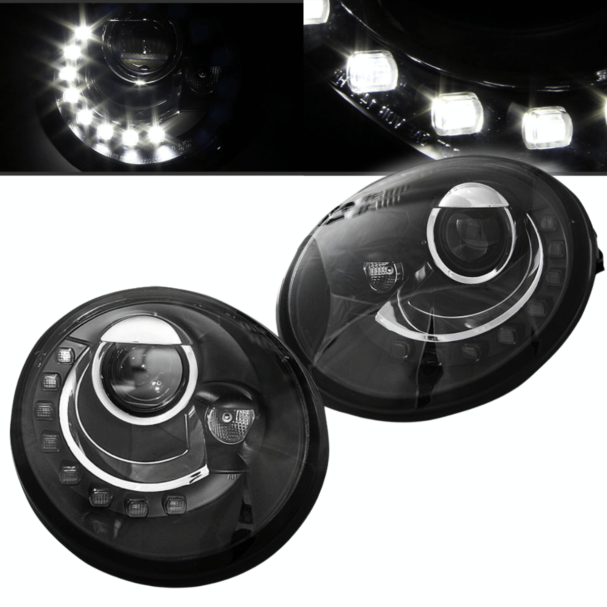 LED Scheinwerfer Set VW New Beetle 1998-2005 schwarz H7 mit Ring-Optik und LED-Tagfahrlicht
