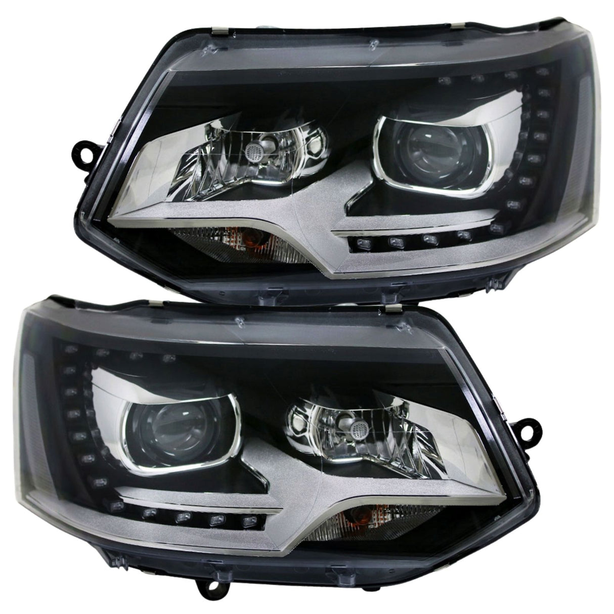 Schwarze LED Scheinwerfer für VW T5 Facelift mit Tagfahrlicht-Optik und Klarglas
