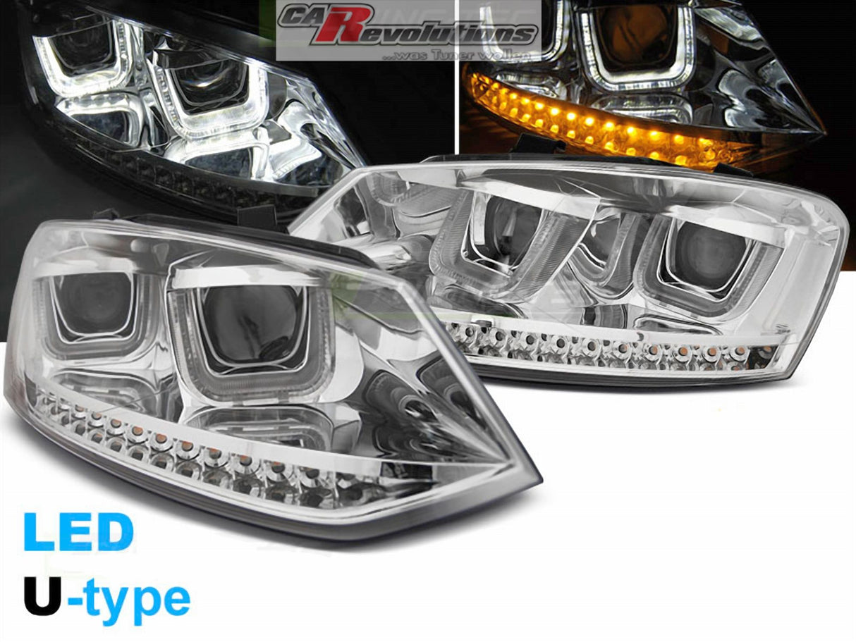 Chrom LED Scheinwerfer für VW Polo 6R 09-03.2014, U-Typ Design, Tuning Scheinwerfer
