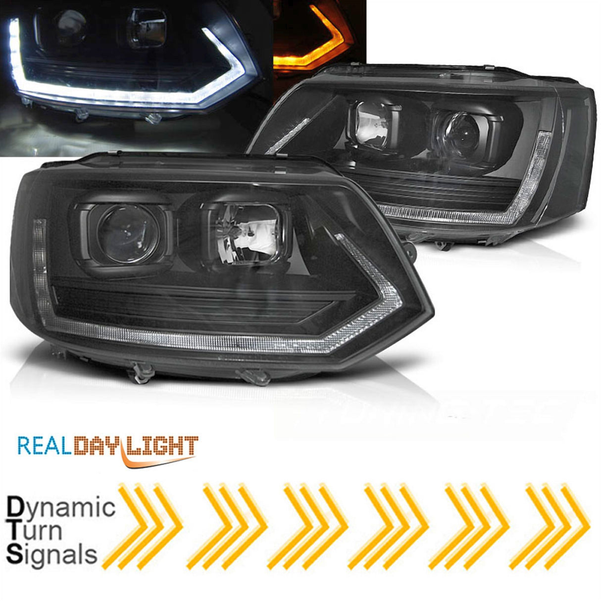 Scheinwerfer schwarz mit LED Tagfahrlicht und dynamischen Blinkern für VW T5 GP 2010-2015