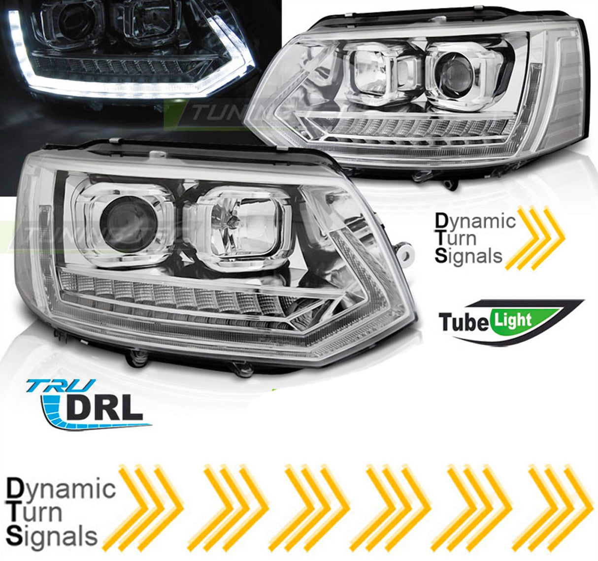Tagfahrlicht Scheinwerfer Set Chrom für VW T5 GP Facelift 2010–2015 mit H7/H1 - CR Tuning