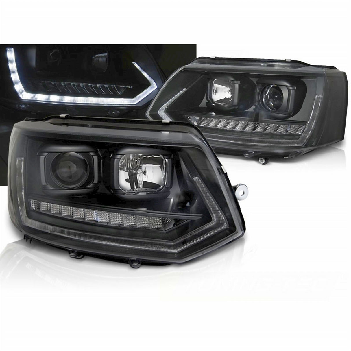 Schwarze LED Scheinwerfer mit Tagfahrlicht für VW T5 Facelift, Tuning Scheinwerfer