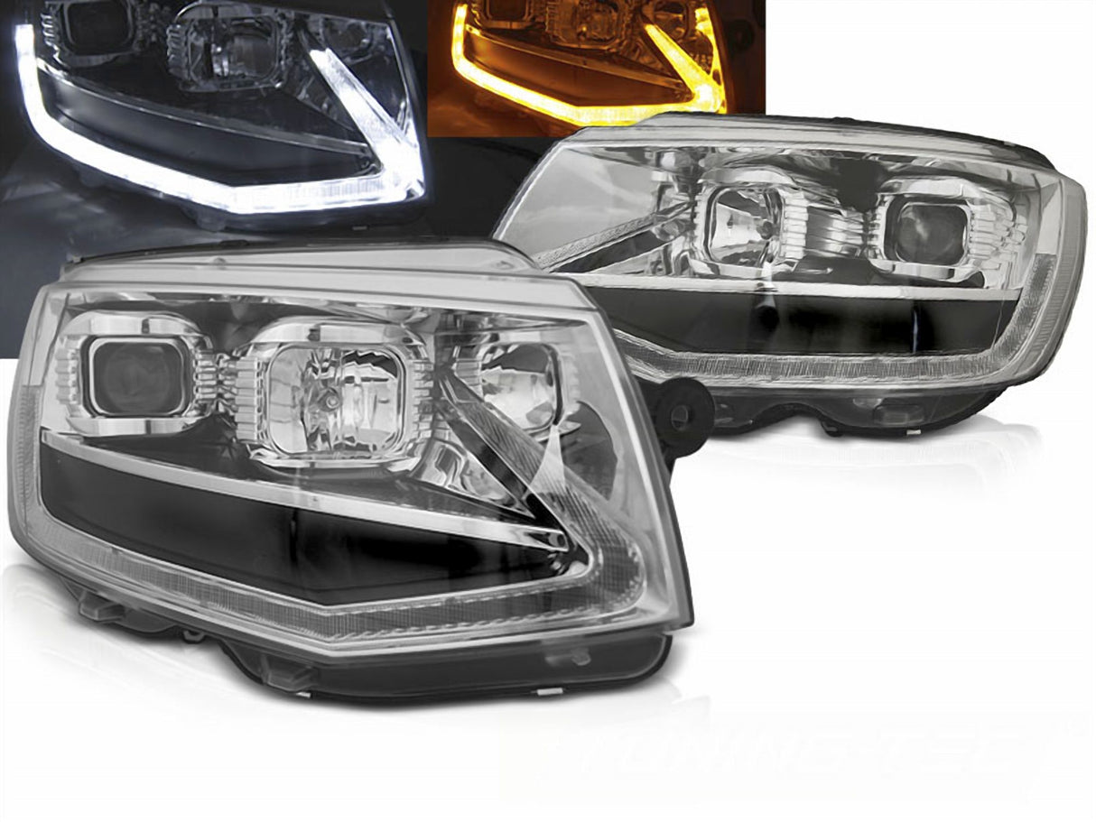 LED Tube Light Scheinwerfer Set Chrom für VW T6 Bus / Multivan 2015–2019 mit LED Tagfahrlicht & sequentiellem Blinker - CR Tuning