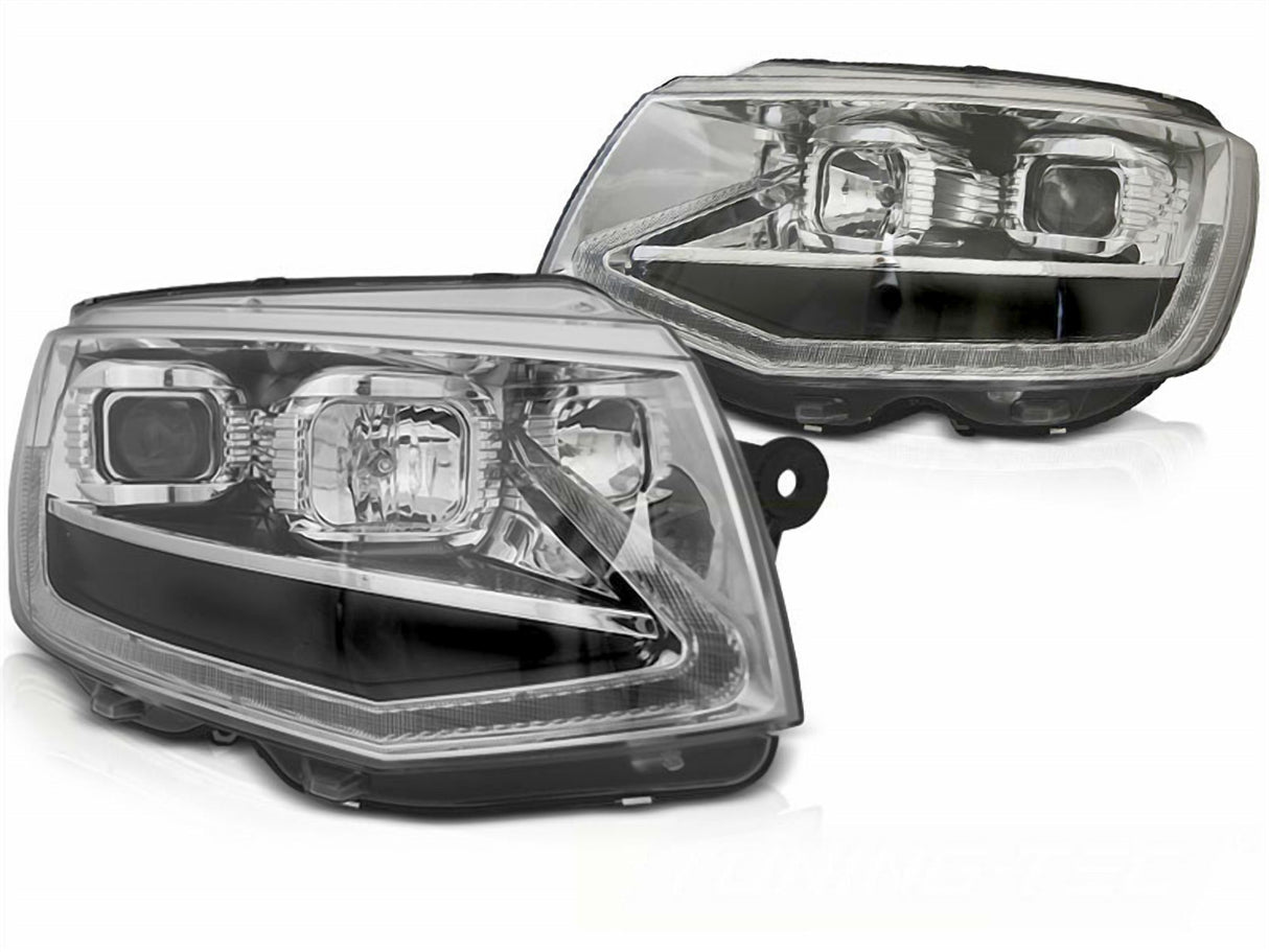 LED Tube Light Scheinwerfer Set Chrom für VW T6 Bus / Multivan 2015–2019 mit LED Tagfahrlicht & sequentiellem Blinker - CR Tuning