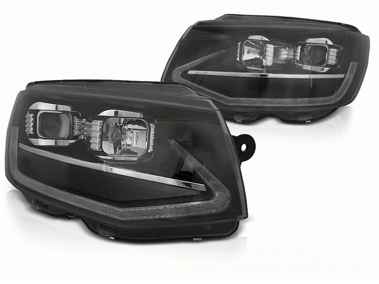 Schwarze LED Scheinwerfer für VW T5 Facelift mit Tagfahrlicht-Optik und Klarglas
