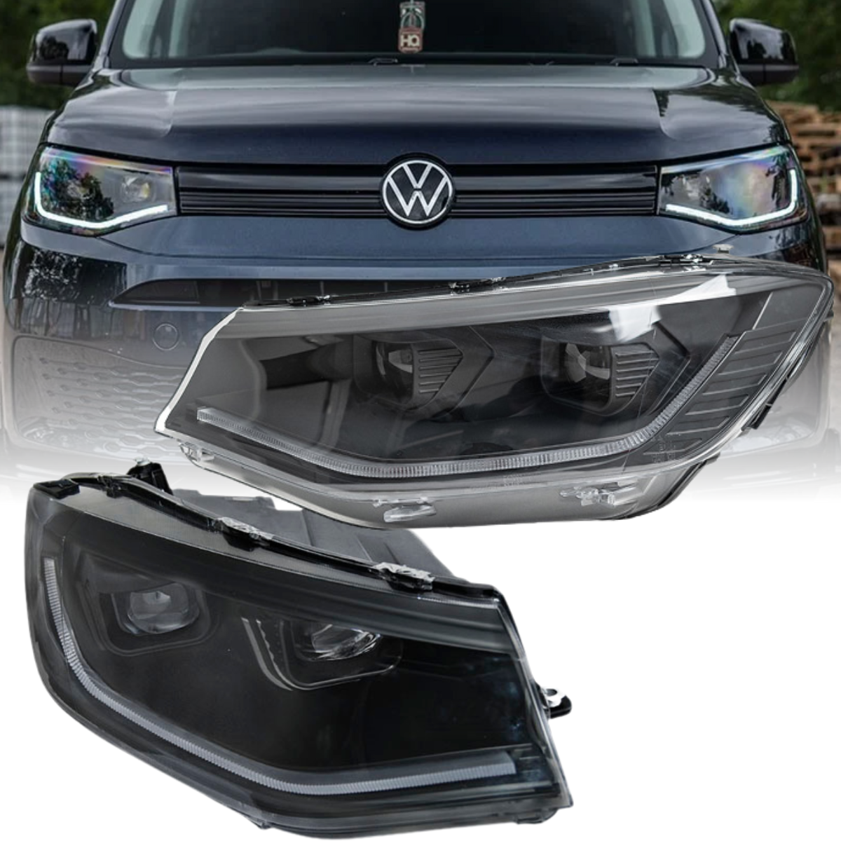 Voll LED Scheinwerfer Set LightTube Schwarz für VW Caddy SB ab 2020 mit Tagfahrlicht dynamischen Blinkern