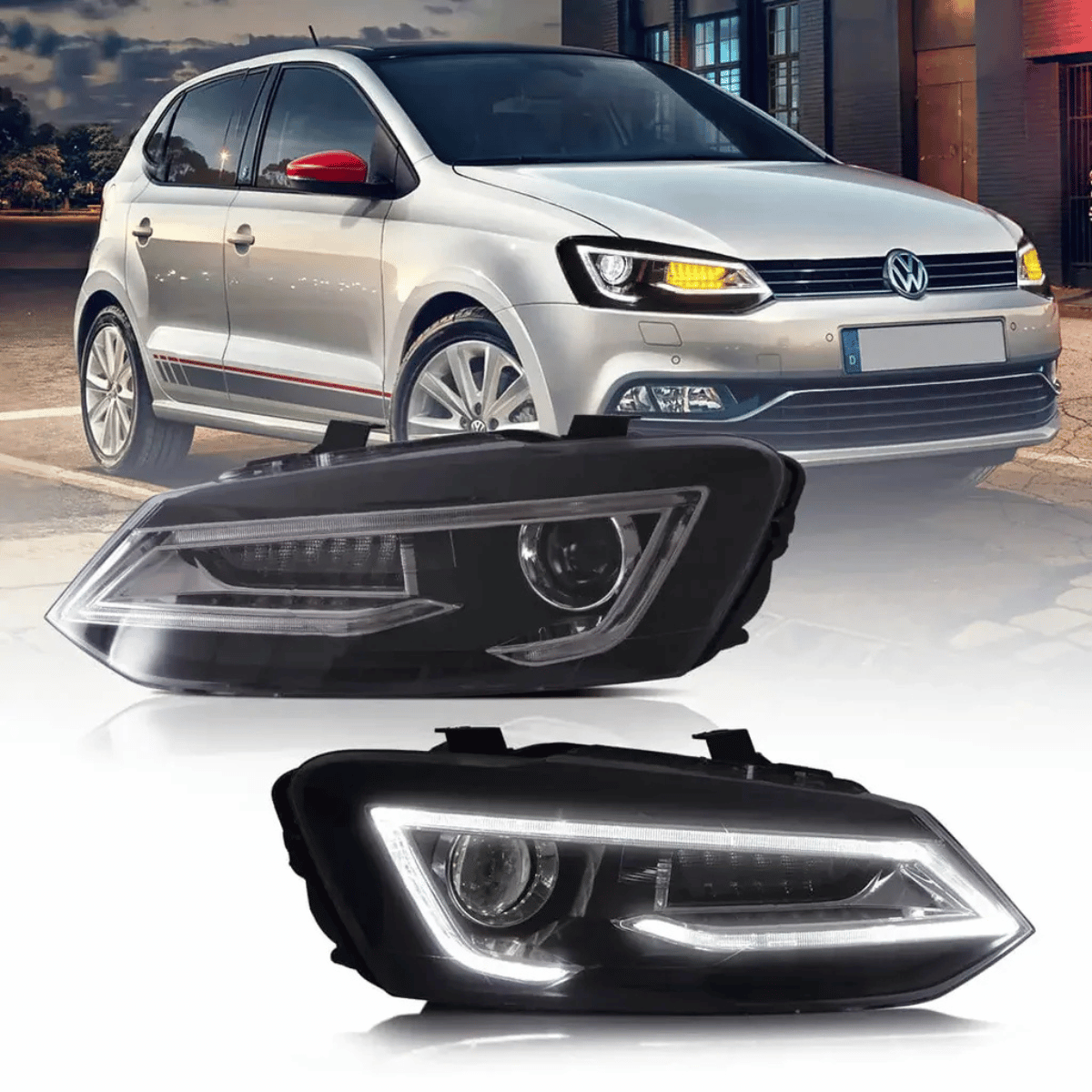LED Scheinwerfer Set Schwarz für VW Polo V 6R 6C Hatchback 2009–2017 mit Dynamischen Blinkern
