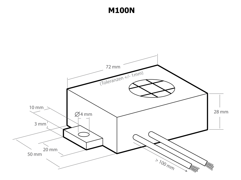 Technische Zeichnung M100N LED-Modul mit Maßen 72x28mm, Montagebohrung Ø4mm, Kabel >100mm